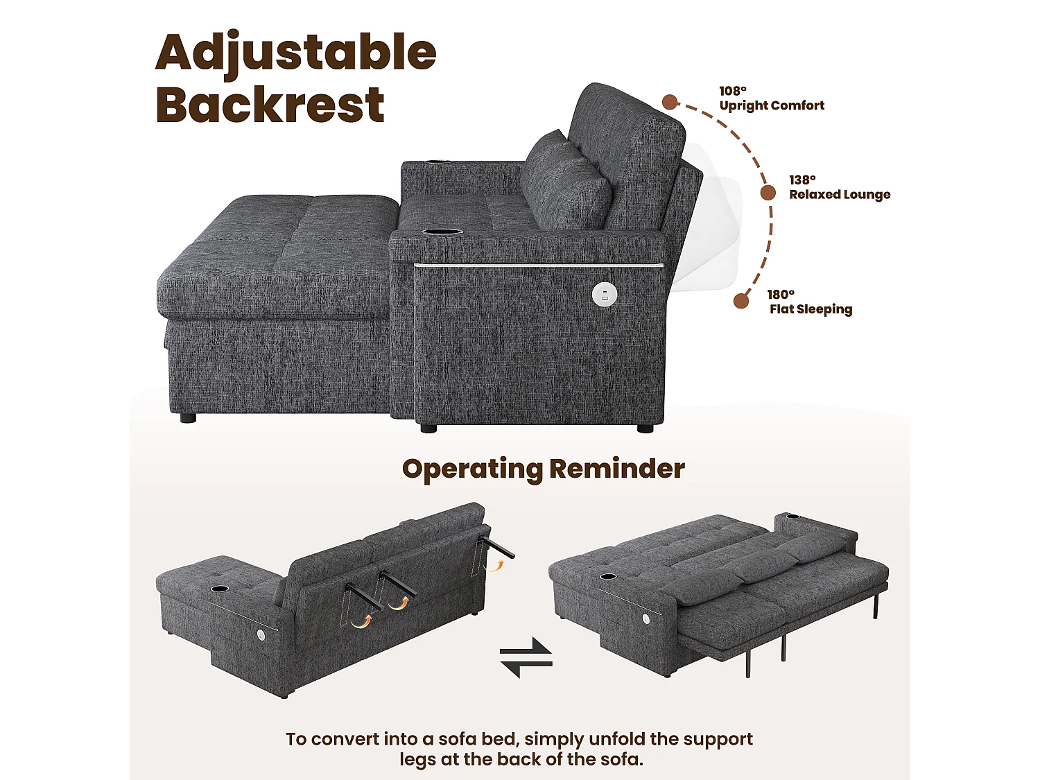 Canapé convertible gigogne - 209 x 141.5 x 90 cm - avec Leds + USB + dossier réglable + rangement - Chenille - gris