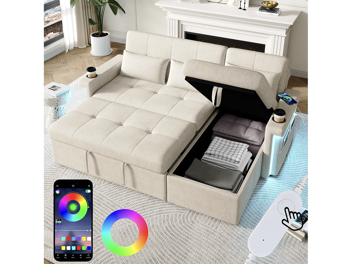 Canapé convertible gigogne - 209 x 141.5 x 90 cm - avec Leds + USB + dossier réglable + rangement - Chenille - beige