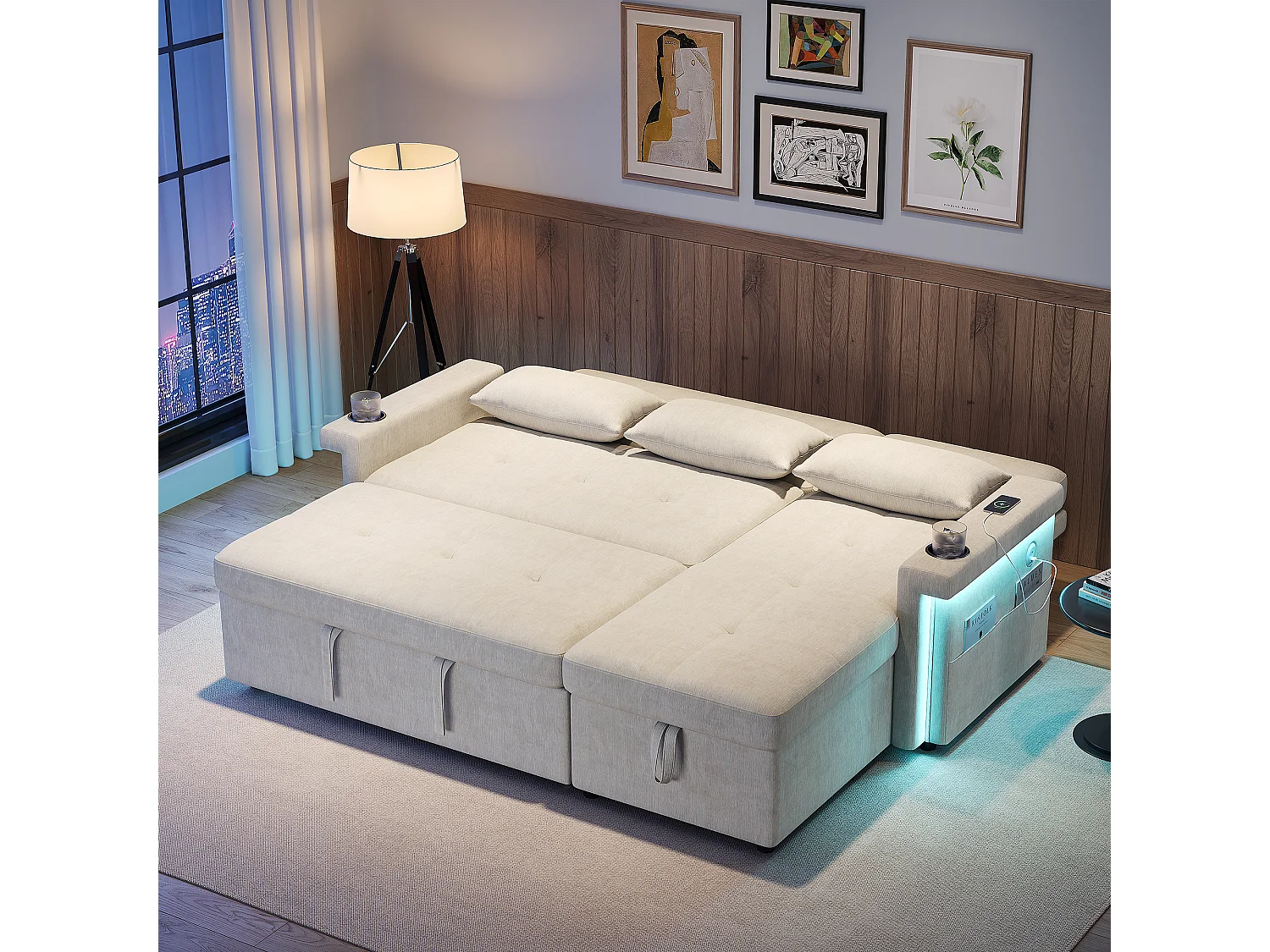 Canapé convertible gigogne - 209 x 141.5 x 90 cm - avec Leds + USB + dossier réglable + rangement - Chenille - beige