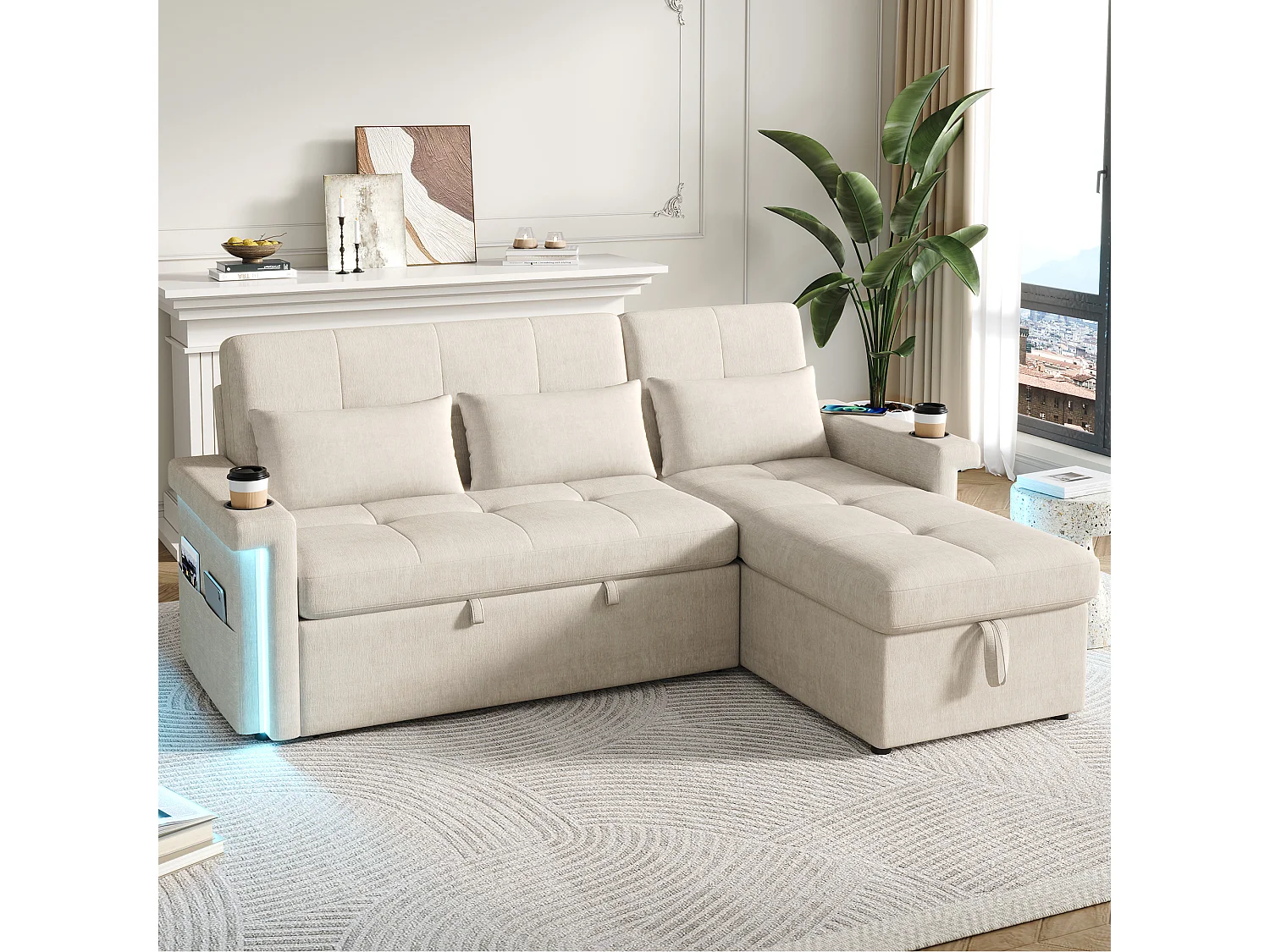 Canapé convertible gigogne - 209 x 141.5 x 90 cm - avec Leds + USB + dossier réglable + rangement - Chenille - beige