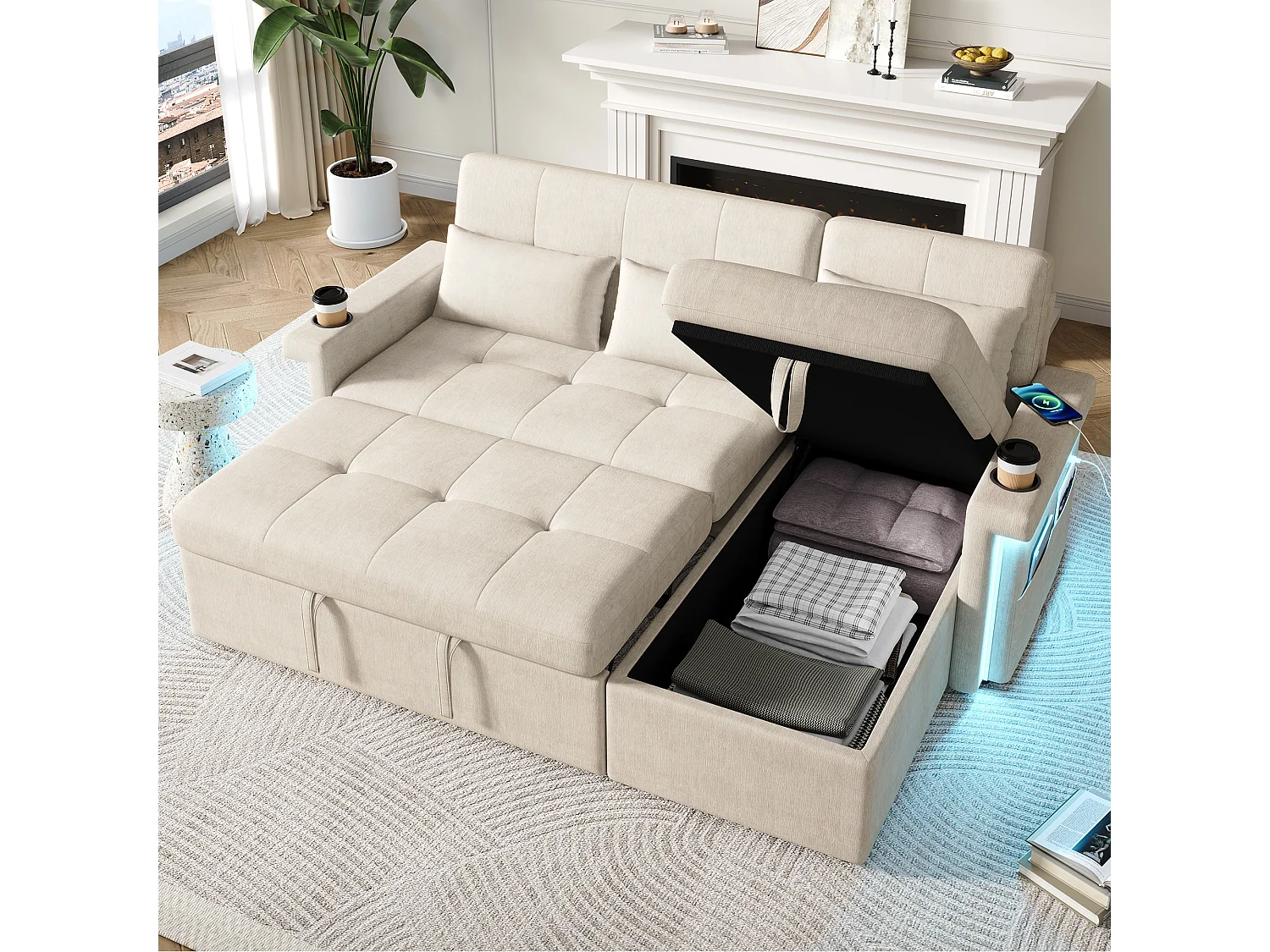 Canapé convertible gigogne - 209 x 141.5 x 90 cm - avec Leds + USB + dossier réglable + rangement - Chenille - beige