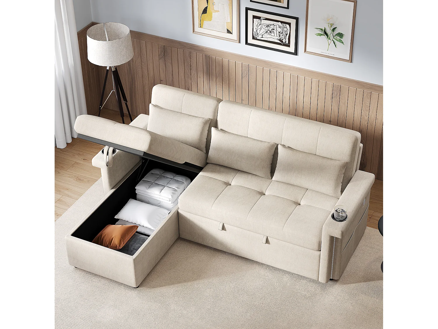 Canapé convertible gigogne - 209 x 141.5 x 90 cm - avec Leds + USB + dossier réglable + rangement - Chenille - beige