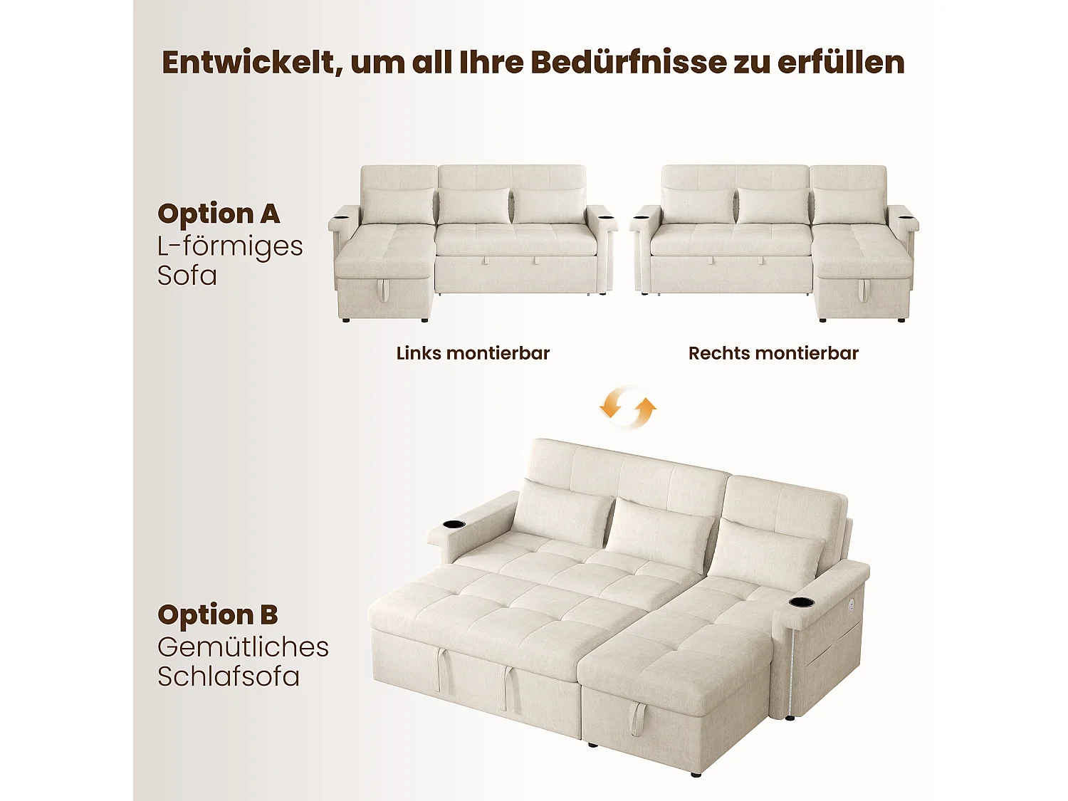 Canapé convertible gigogne - 209 x 141.5 x 90 cm - avec Leds + USB + dossier réglable + rangement - Chenille - beige