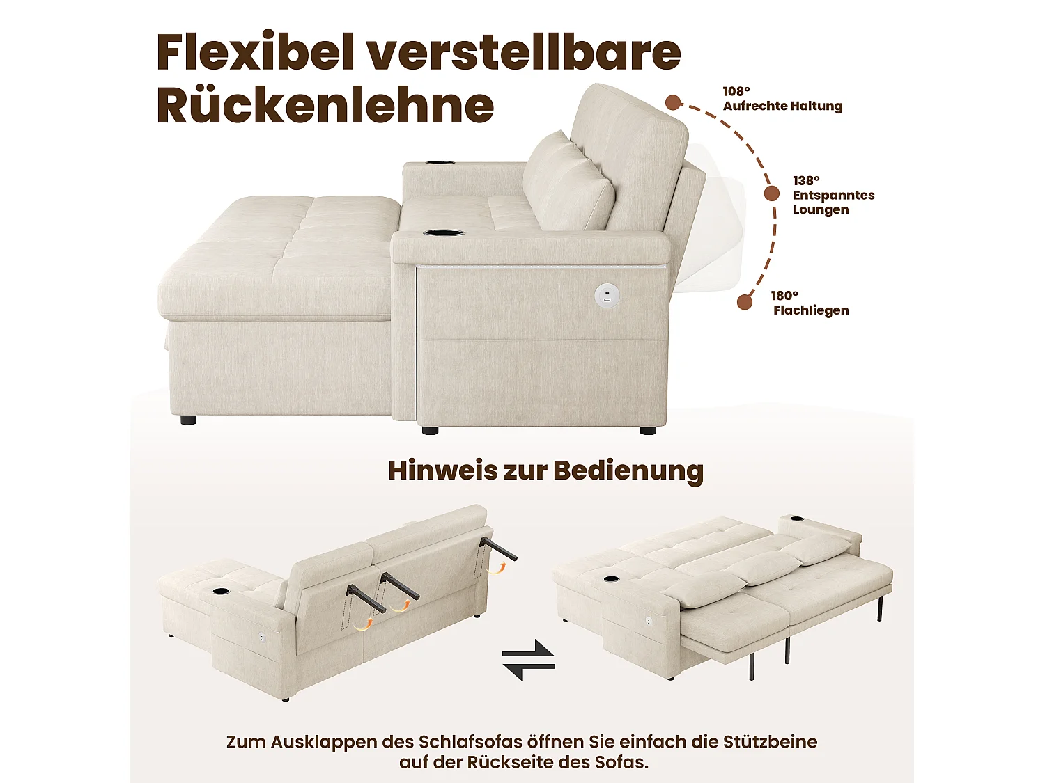 Canapé convertible gigogne - 209 x 141.5 x 90 cm - avec Leds + USB + dossier réglable + rangement - Chenille - beige