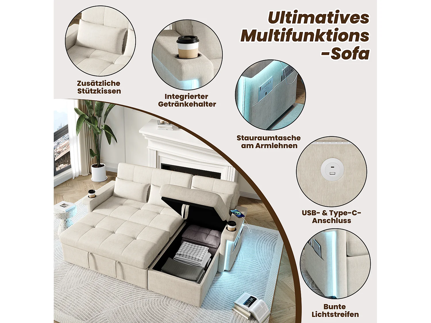 Canapé convertible gigogne - 209 x 141.5 x 90 cm - avec Leds + USB + dossier réglable + rangement - Chenille - beige