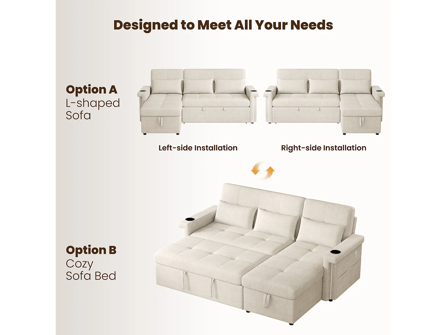 Canapé convertible gigogne - 209 x 141.5 x 90 cm - avec Leds + USB + dossier réglable + rangement - Chenille - beige