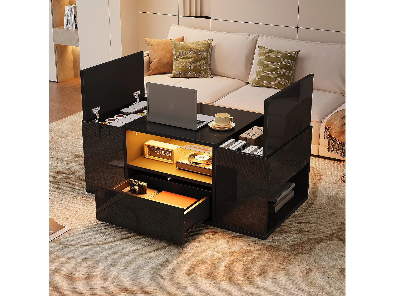 Stolik kawowy lakierowany na wysoki połysk - 100 x 50 x 40 cm - z 1 szufladą + 2 przegródkami + diodami LED + półką - płyta wiórowa - czarny