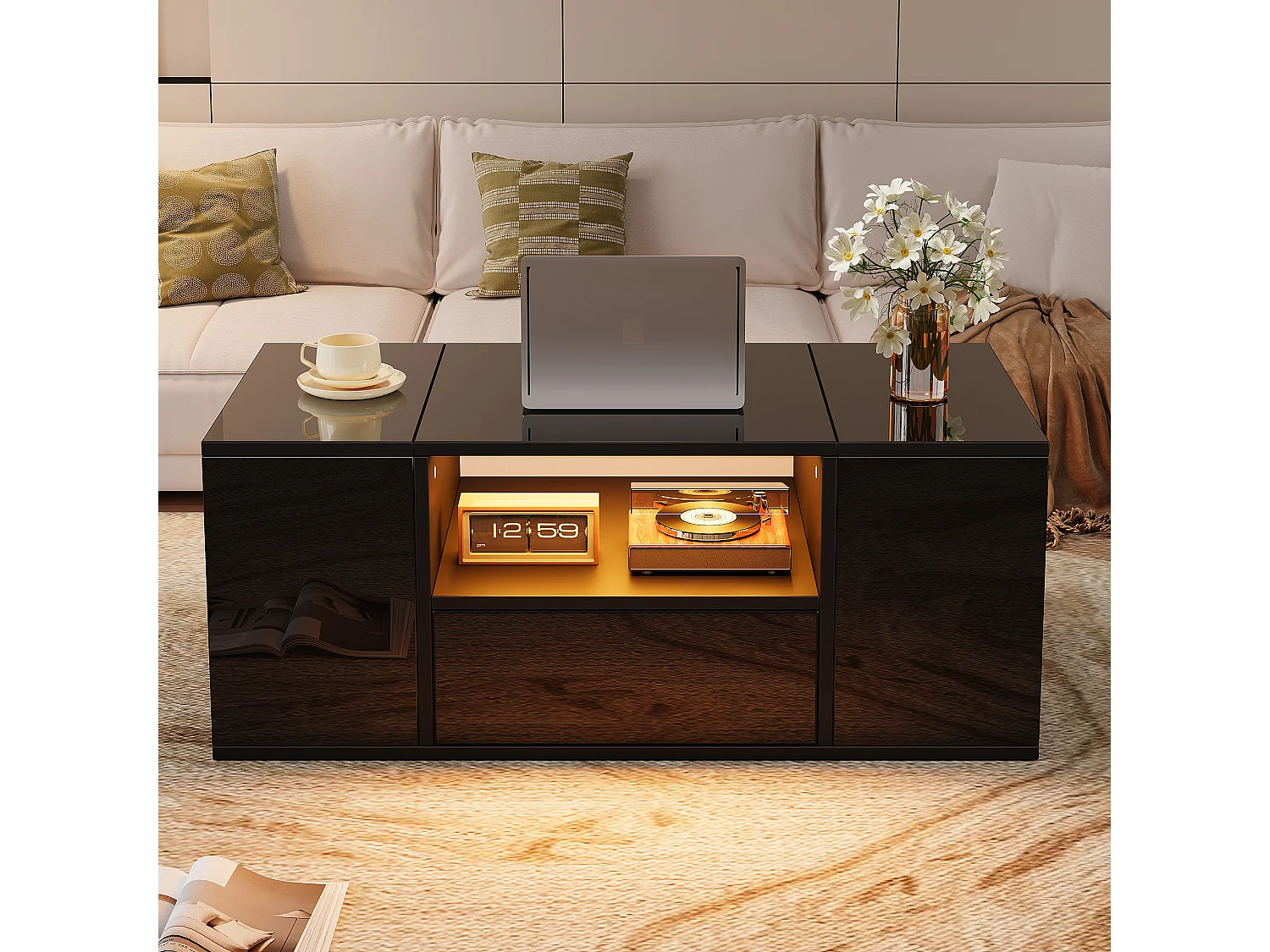 Stolik kawowy lakierowany na wysoki połysk - 100 x 50 x 40 cm - z 1 szufladą + 2 przegródkami + diodami LED + półką - płyta wiórowa - czarny