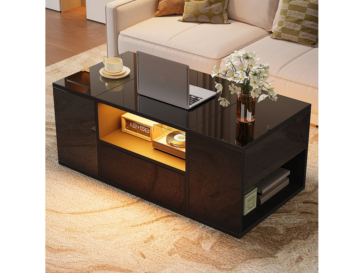Stolik kawowy lakierowany na wysoki połysk - 100 x 50 x 40 cm - z 1 szufladą + 2 przegródkami + diodami LED + półką - płyta wiórowa - czarny