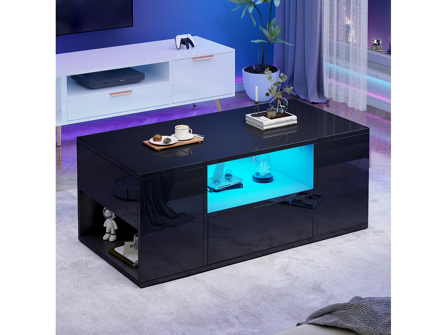 Stolik kawowy lakierowany na wysoki połysk - 100 x 50 x 40 cm - z 1 szufladą + 2 przegródkami + diodami LED + półką - płyta wiórowa - czarny