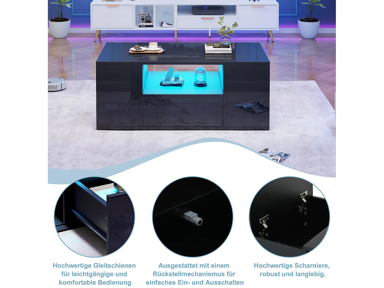 Stolik kawowy lakierowany na wysoki połysk - 100 x 50 x 40 cm - z 1 szufladą + 2 przegródkami + diodami LED + półką - płyta wiórowa - czarny