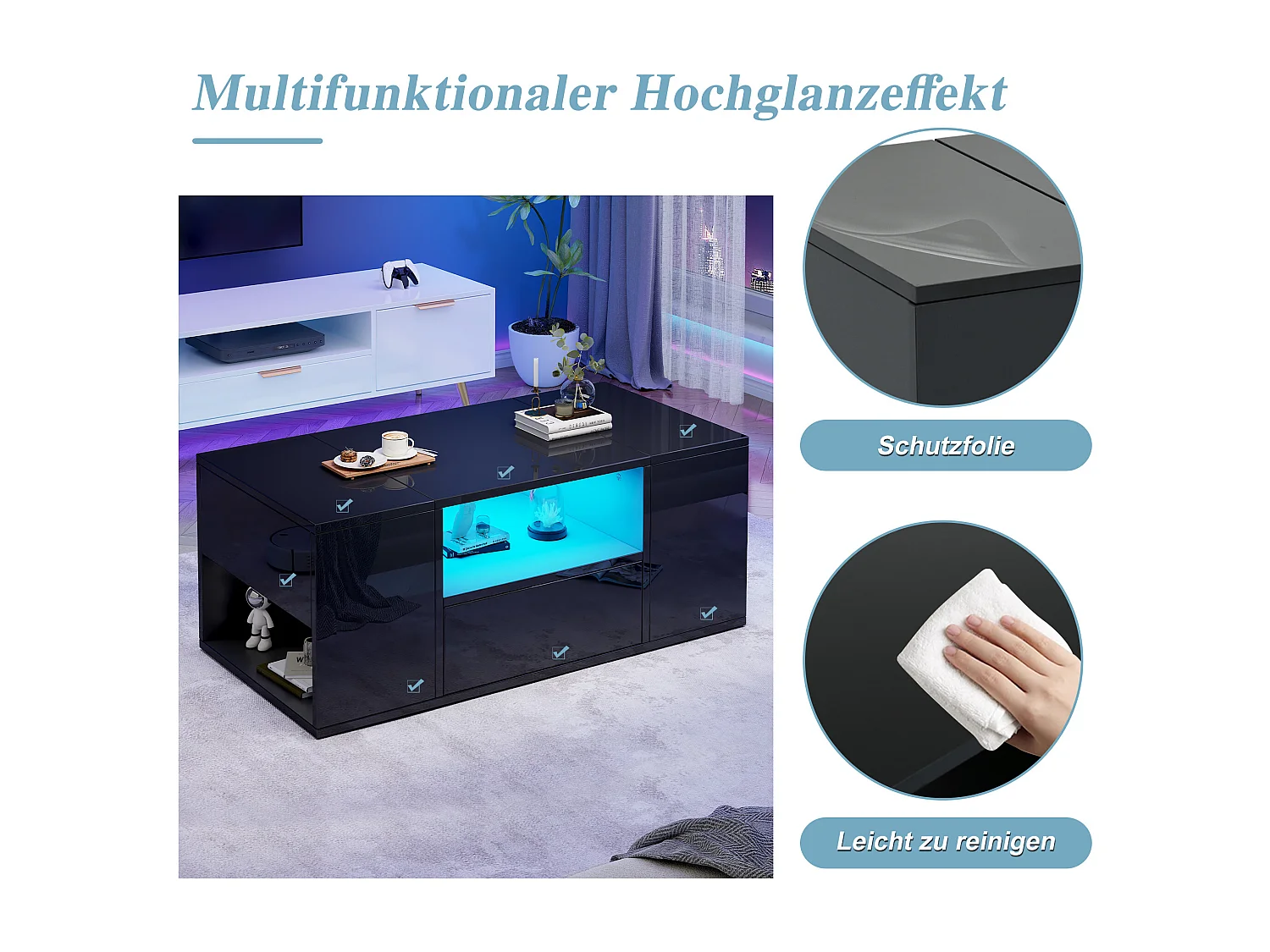 Stolik kawowy lakierowany na wysoki połysk - 100 x 50 x 40 cm - z 1 szufladą + 2 przegródkami + diodami LED + półką - płyta wiórowa - czarny