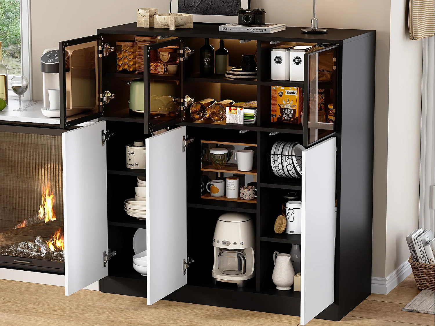 Buffet moderne 100x40x105cm - avec 3 portes vitrées et 3 portes blanches - avec LED - panneau de particules - Blanc + Noir