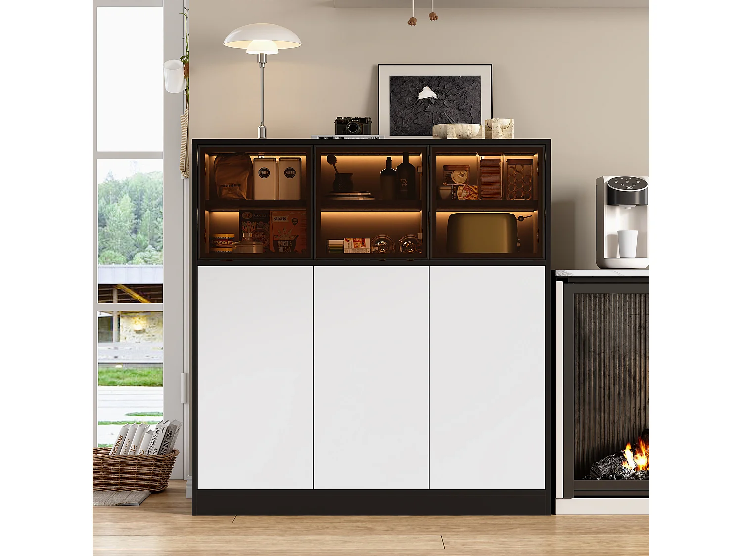 Buffet moderne 100x40x105cm - avec 3 portes vitrées et 3 portes blanches - avec LED - panneau de particules - Blanc + Noir