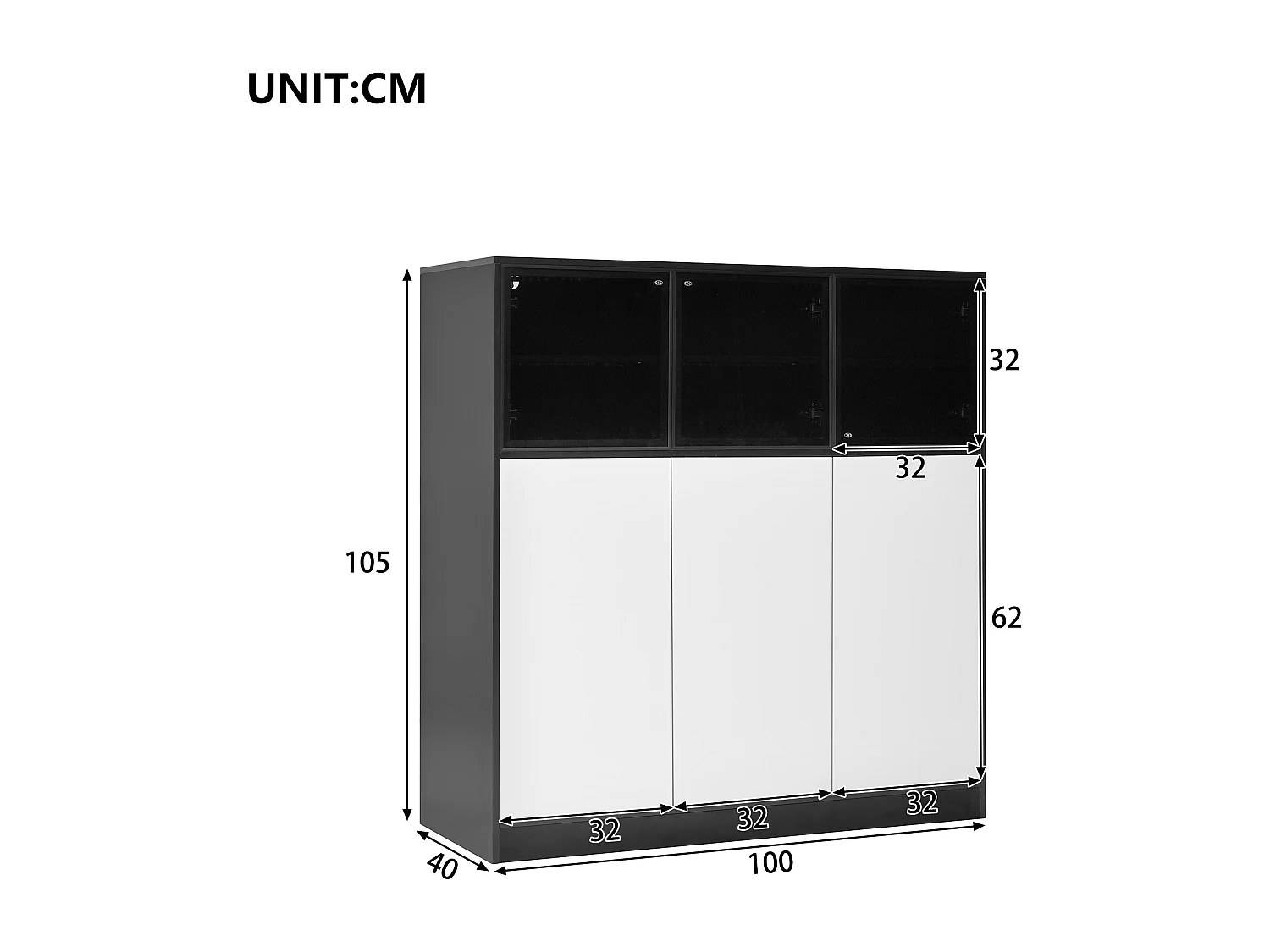 Buffet moderne 100x40x105cm - avec 3 portes vitrées et 3 portes blanches - avec LED - panneau de particules - Blanc + Noir