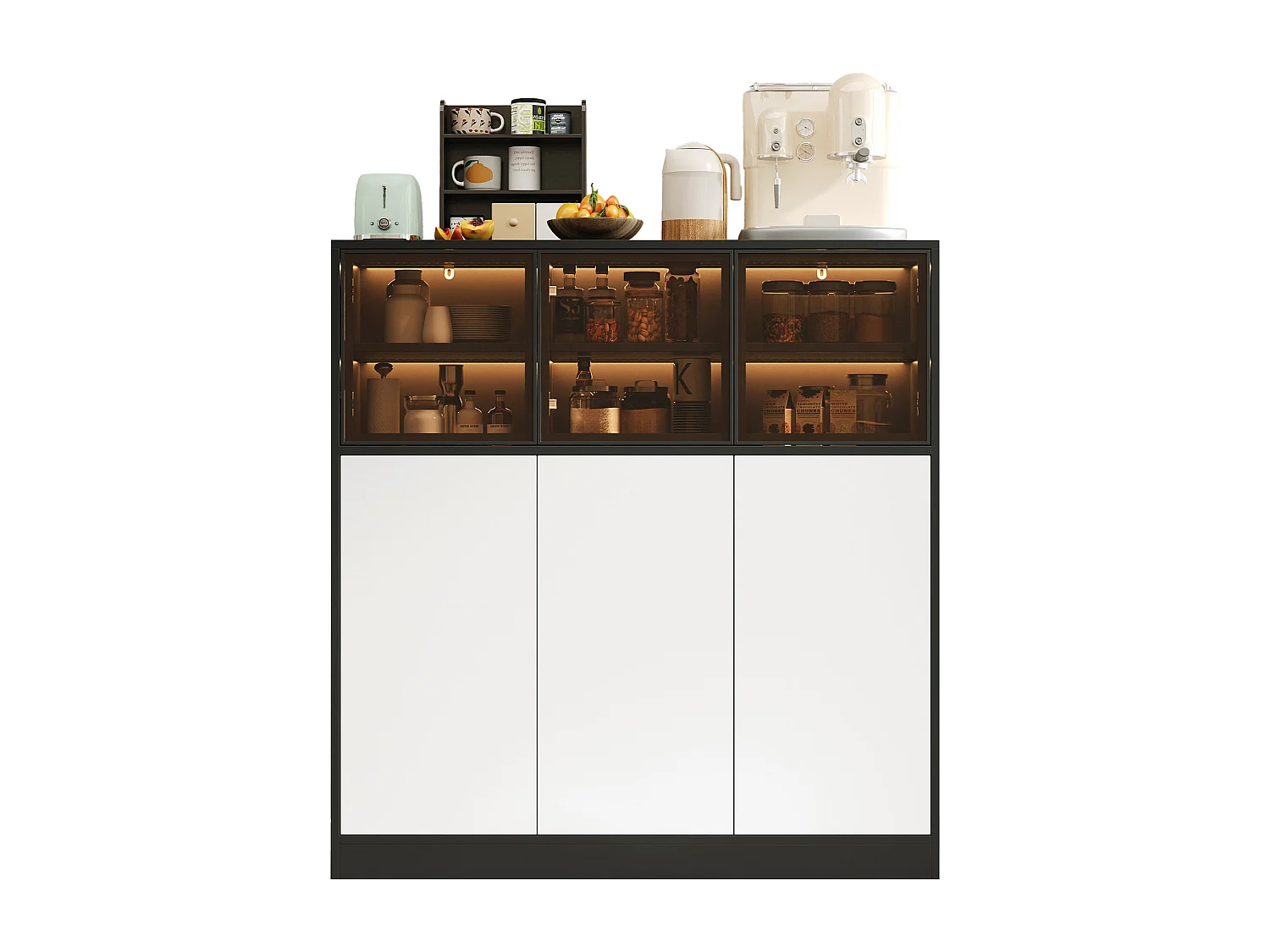Buffet moderne 100x40x105cm - avec 3 portes vitrées et 3 portes blanches - avec LED - panneau de particules - Blanc + Noir