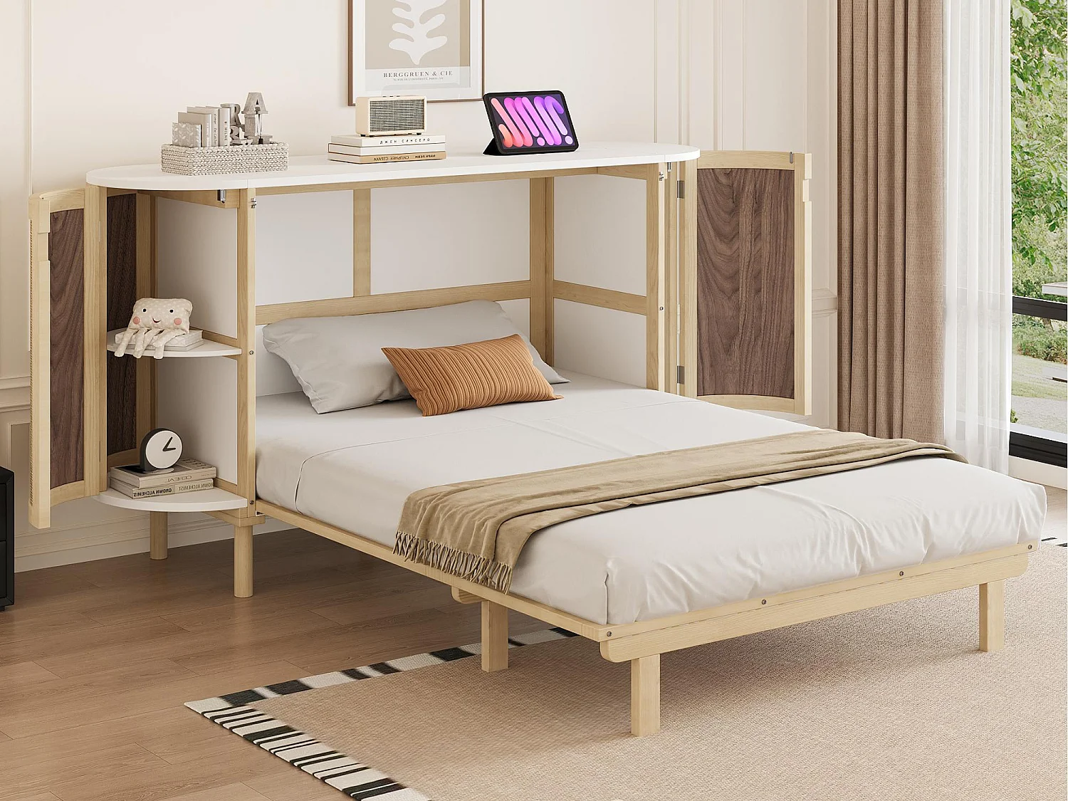 Lit escamotable 140x200 cm - avec compartiments de rangement - naturel (matelas non inclus)