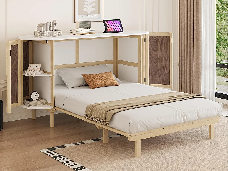 Lit escamotable 140x200 cm - avec compartiments de rangement - naturel (matelas non inclus)