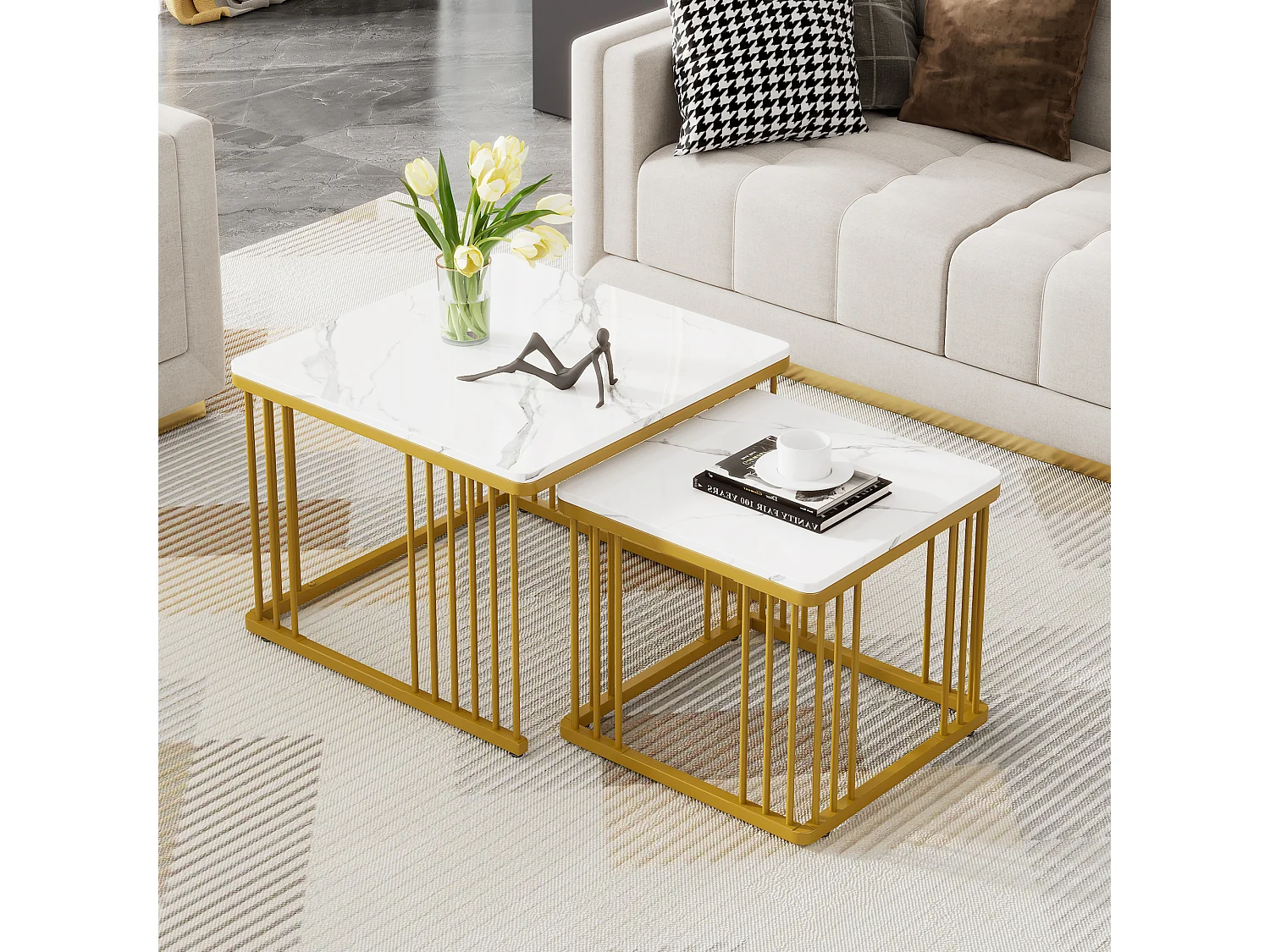 Set aus 2 quadratischen Couchtischen in glänzender Marmoroptik – 60 x 60 x 45 cm + 45 x 45 x 40 cm – MDF – Weiß