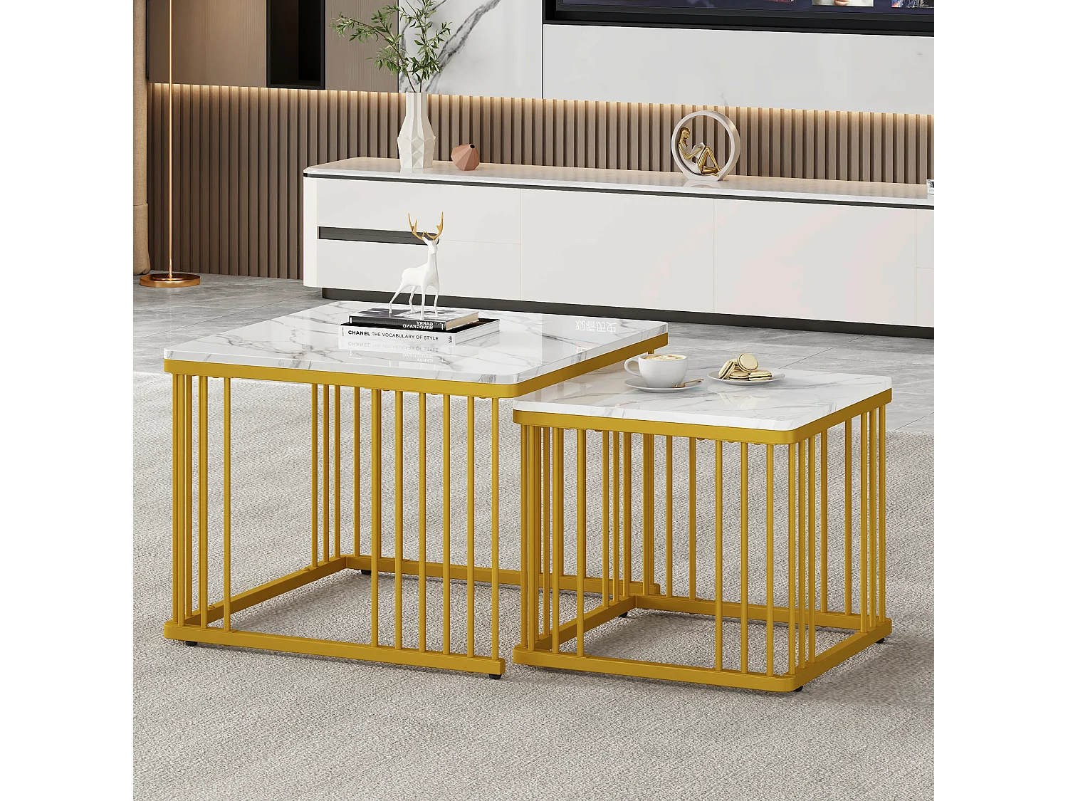 Set aus 2 quadratischen Couchtischen in glänzender Marmoroptik – 60 x 60 x 45 cm + 45 x 45 x 40 cm – MDF – Weiß