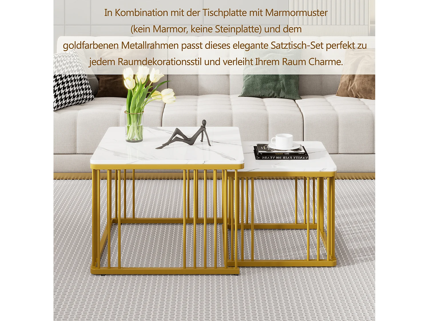 Set aus 2 quadratischen Couchtischen in glänzender Marmoroptik – 60 x 60 x 45 cm + 45 x 45 x 40 cm – MDF – Weiß