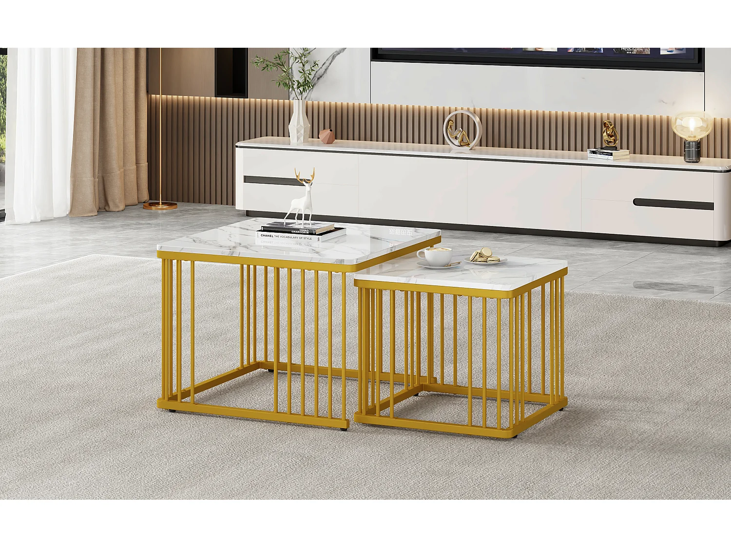 Set aus 2 quadratischen Couchtischen in glänzender Marmoroptik – 60 x 60 x 45 cm + 45 x 45 x 40 cm – MDF – Weiß