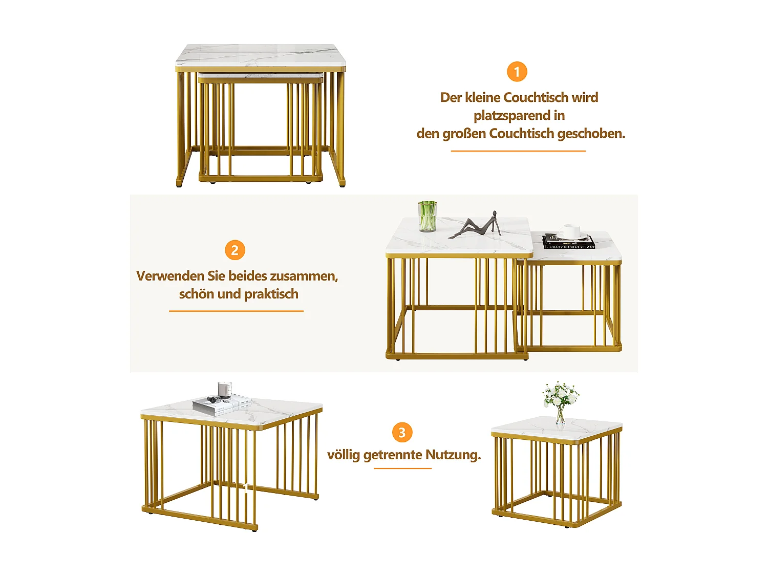 Set aus 2 quadratischen Couchtischen in glänzender Marmoroptik – 60 x 60 x 45 cm + 45 x 45 x 40 cm – MDF – Weiß