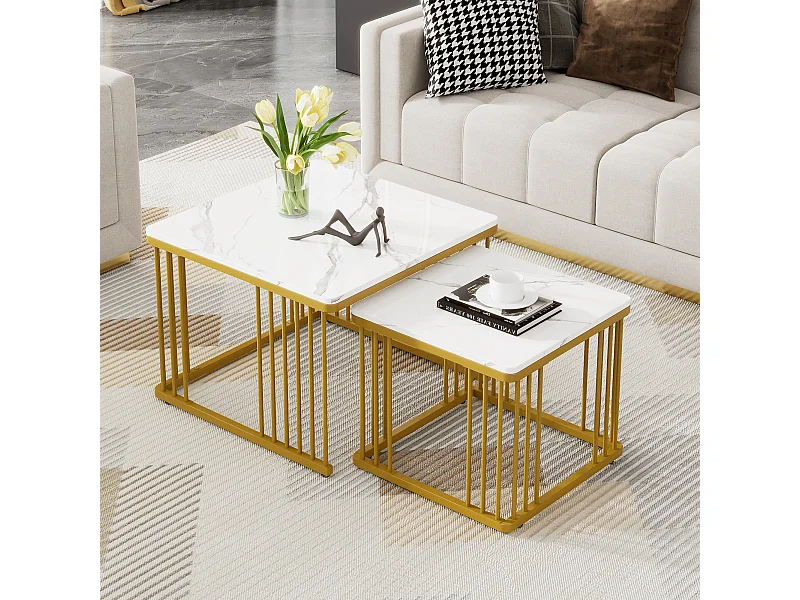 Set aus 2 quadratischen Couchtischen in glänzender Marmoroptik – 60 x 60 x 45 cm + 45 x 45 x 40 cm – MDF – Weiß