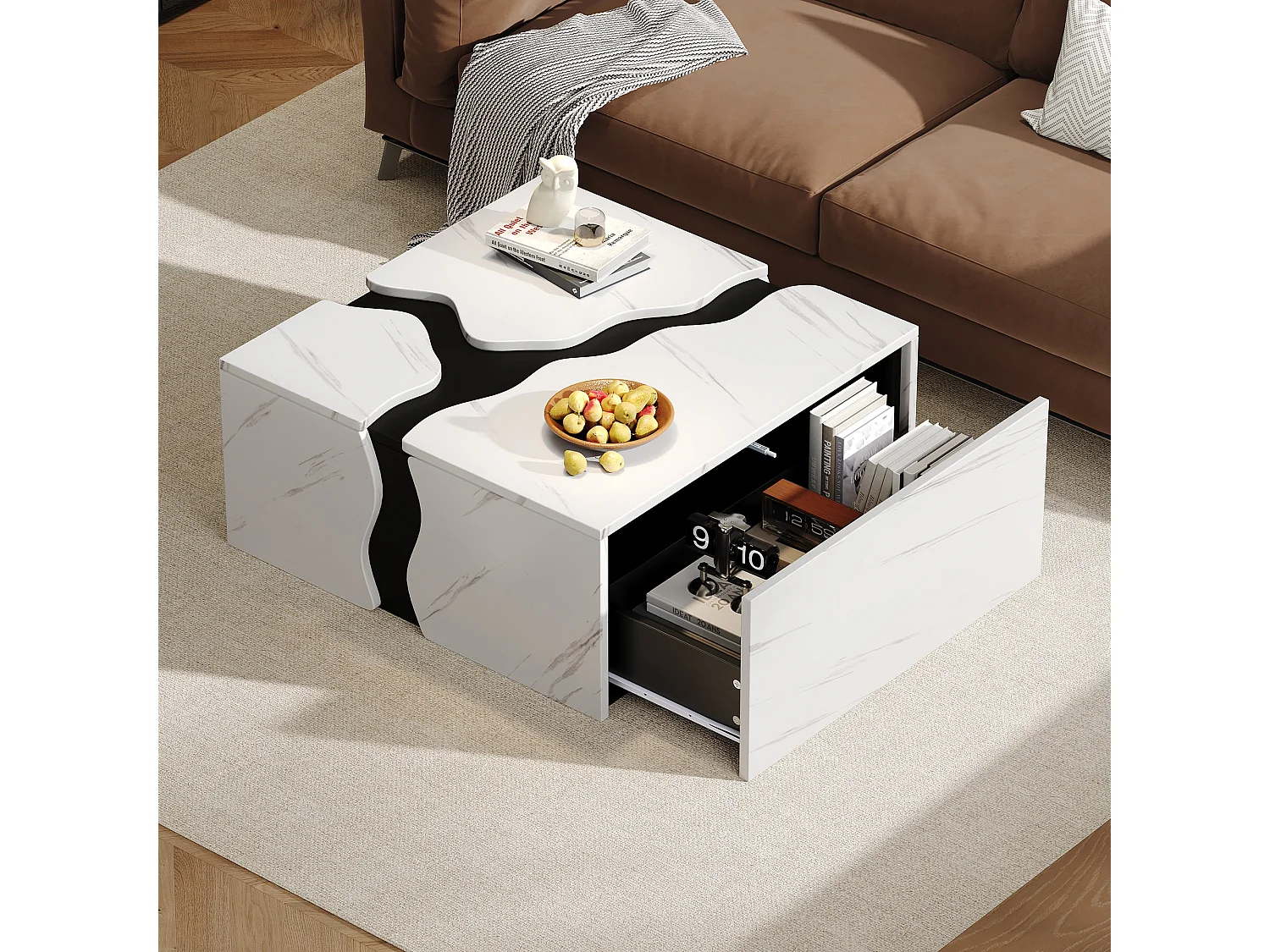 Couchtisch mit Marmorfurnier für das Wohnzimmer – 70 x 70 x 31 cm – geometrisches Design – mit Schublade – Spanplatte – weiß