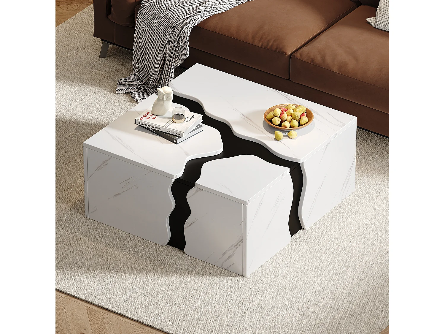 Couchtisch mit Marmorfurnier für das Wohnzimmer – 70 x 70 x 31 cm – geometrisches Design – mit Schublade – Spanplatte – weiß