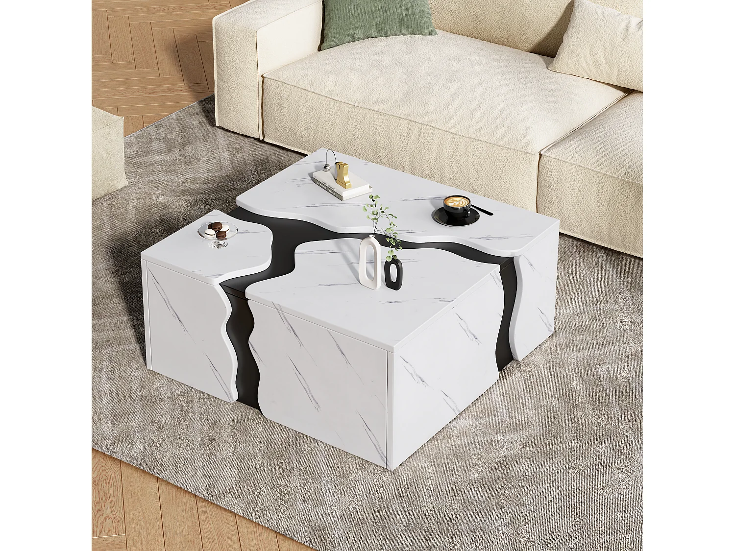 Couchtisch mit Marmorfurnier für das Wohnzimmer – 70 x 70 x 31 cm – geometrisches Design – mit Schublade – Spanplatte – weiß