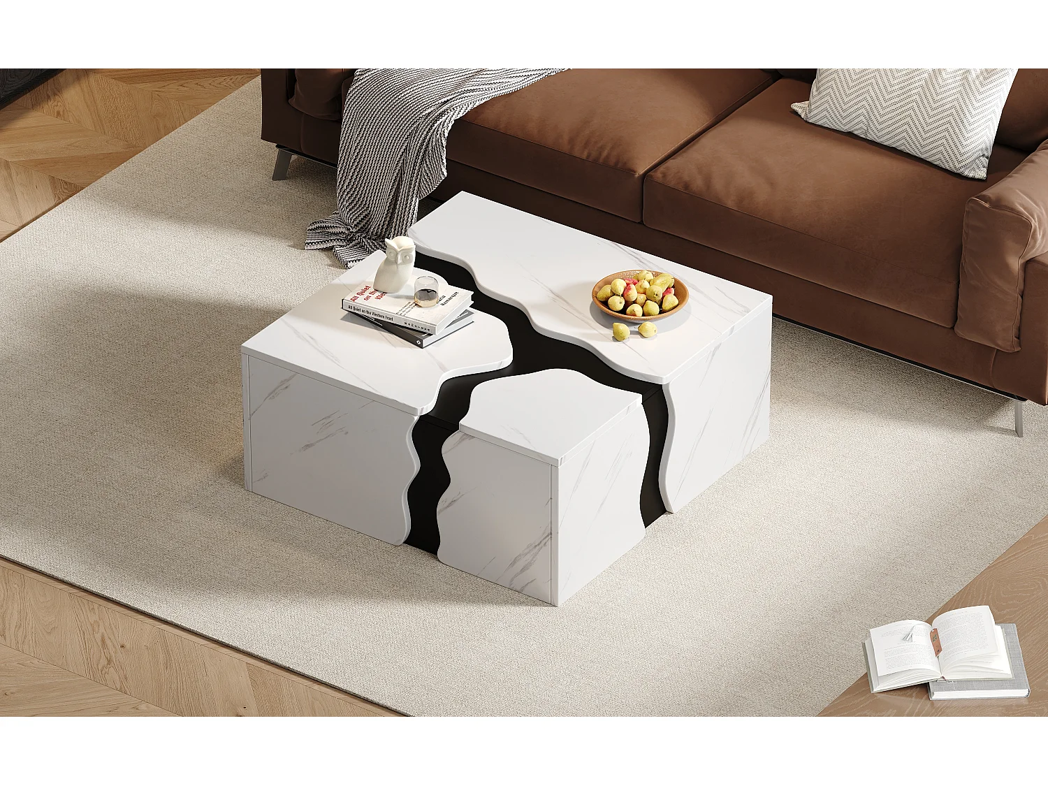 Couchtisch mit Marmorfurnier für das Wohnzimmer – 70 x 70 x 31 cm – geometrisches Design – mit Schublade – Spanplatte – weiß