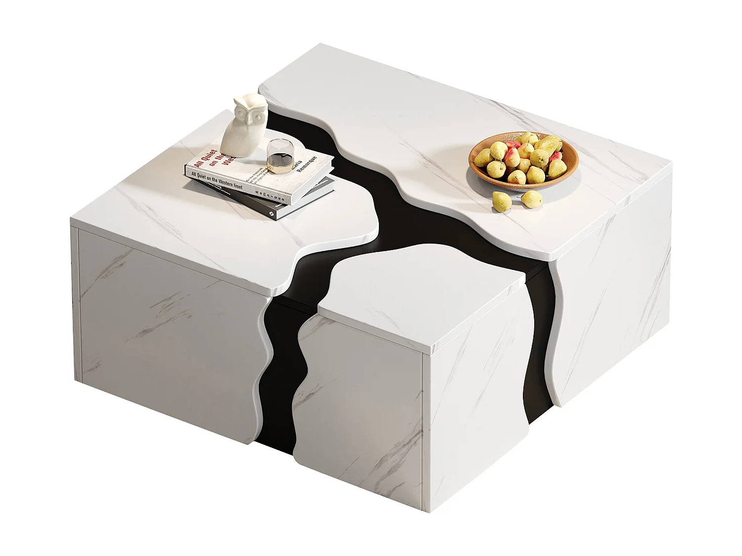 Couchtisch mit Marmorfurnier für das Wohnzimmer – 70 x 70 x 31 cm – geometrisches Design – mit Schublade – Spanplatte – weiß