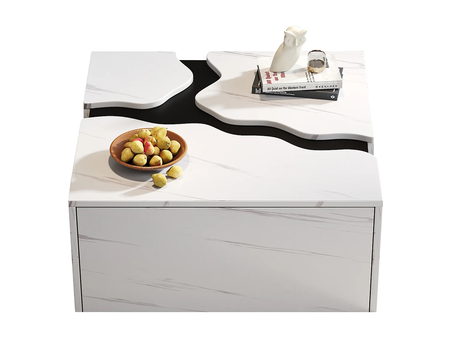 Couchtisch mit Marmorfurnier für das Wohnzimmer – 70 x 70 x 31 cm – geometrisches Design – mit Schublade – Spanplatte – weiß