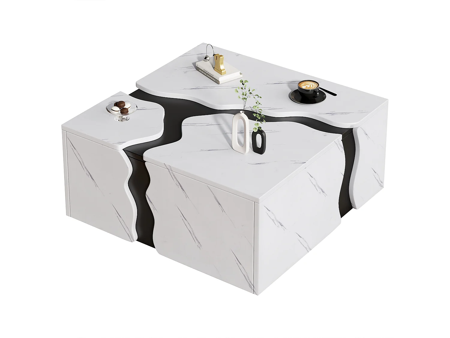 Couchtisch mit Marmorfurnier für das Wohnzimmer – 70 x 70 x 31 cm – geometrisches Design – mit Schublade – Spanplatte – weiß