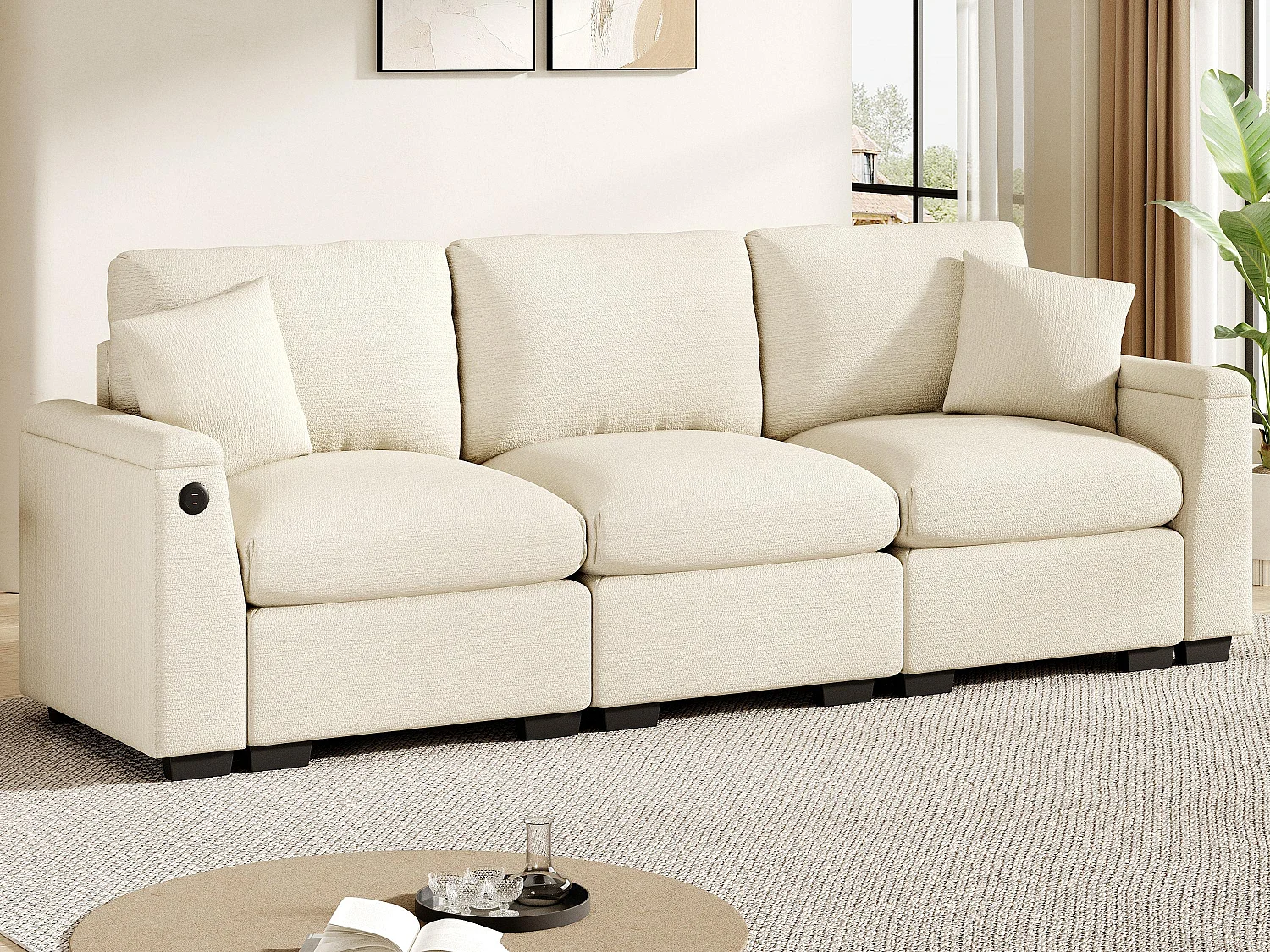 Moderne 3-zitsbank - met kussens en opklaptafeltje - inclusief USB-poorten en een drankhouder - chenille stof - beige