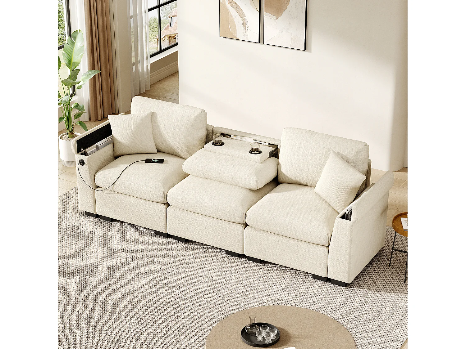 Moderne 3-zitsbank - met kussens en opklaptafeltje - inclusief USB-poorten en een drankhouder - chenille stof - beige