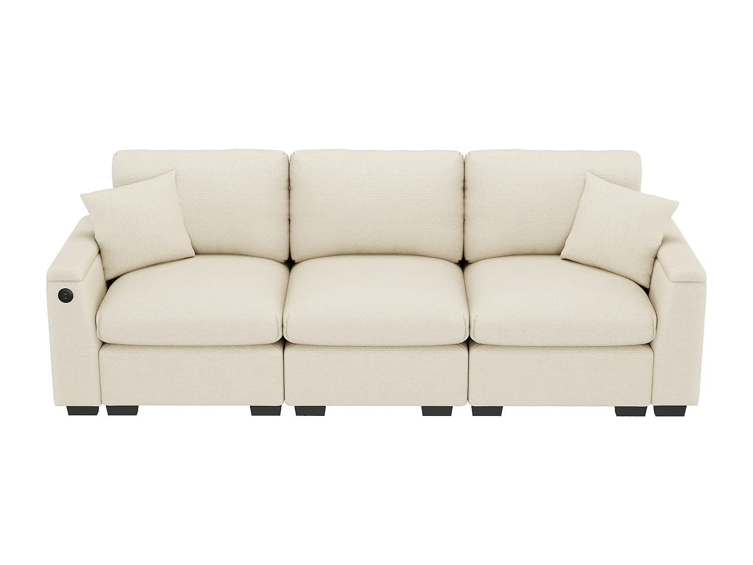 Moderne 3-zitsbank - met kussens en opklaptafeltje - inclusief USB-poorten en een drankhouder - chenille stof - beige