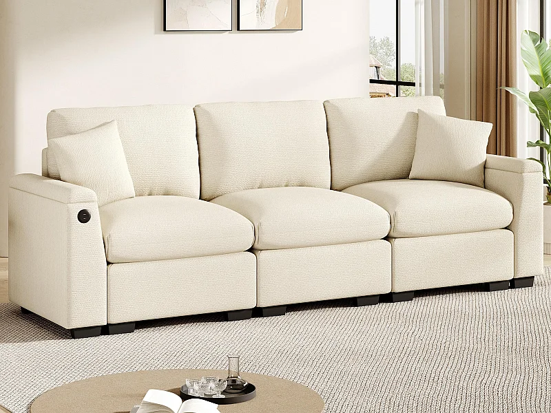 Divano 3 posti moderno - con cuscini e tavolino pieghevole - include porte USB e un portabicchieri - tessuto chenille - beige