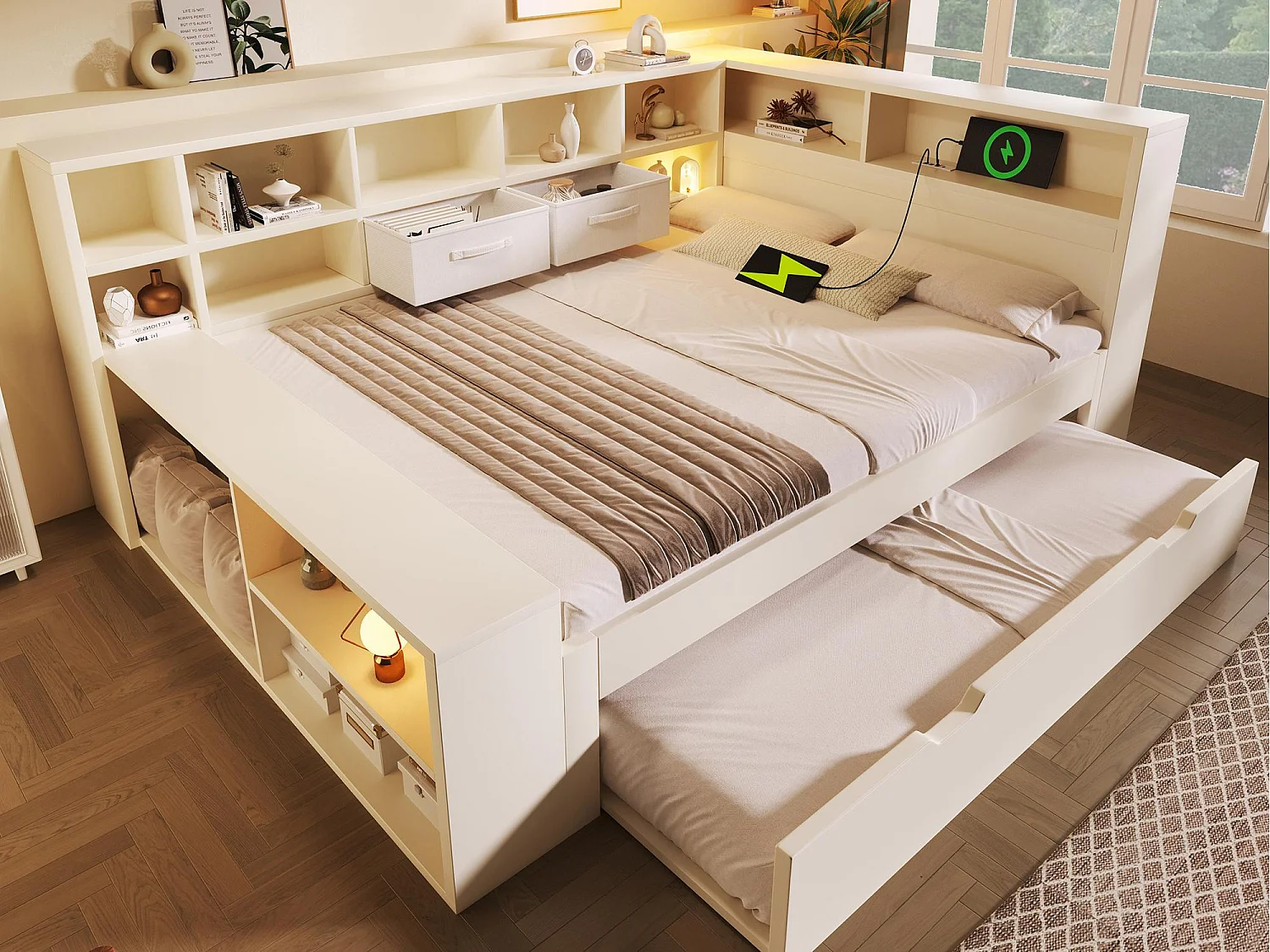 Canapé-lit 140x200cm - avec lit gigogne - avec USB/Type-C - avec espace de rangement - bois massif + panneaux de particules - blanc