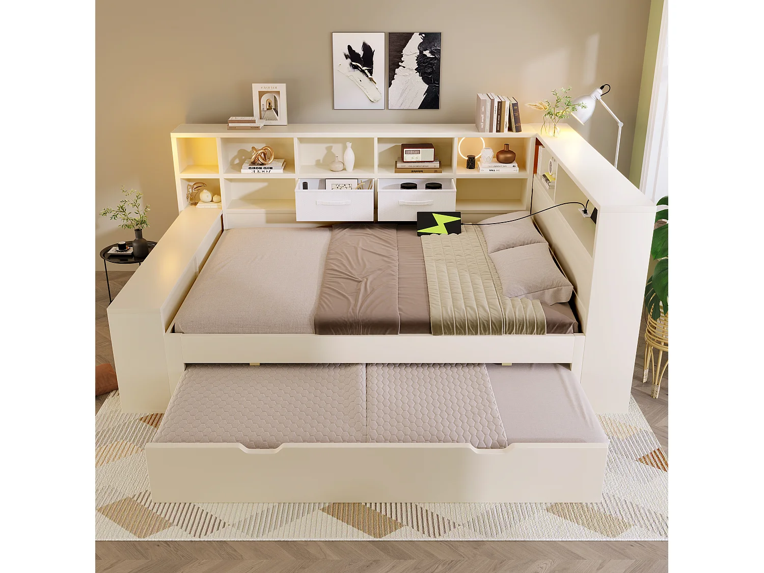 Canapé-lit 140x200cm - avec lit gigogne - avec USB/Type-C - avec espace de rangement - bois massif + panneaux de particules - blanc