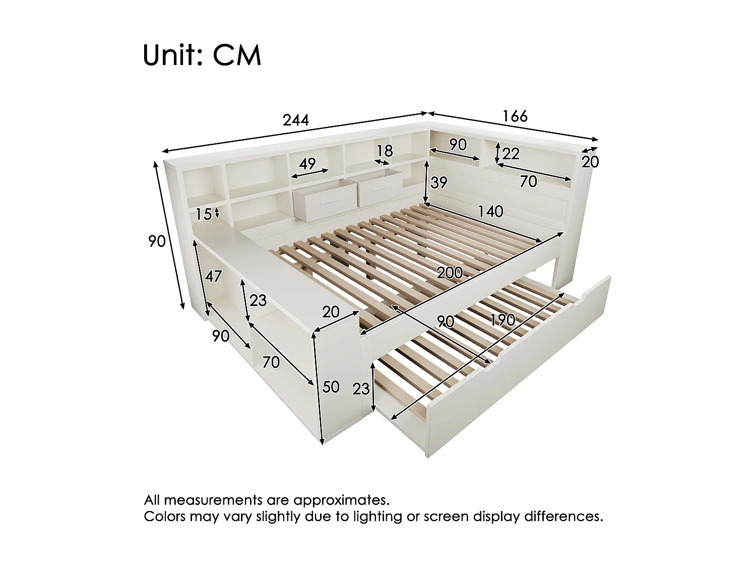 Canapé-lit 140x200cm - avec lit gigogne - avec USB/Type-C - avec espace de rangement - bois massif + panneaux de particules - blanc