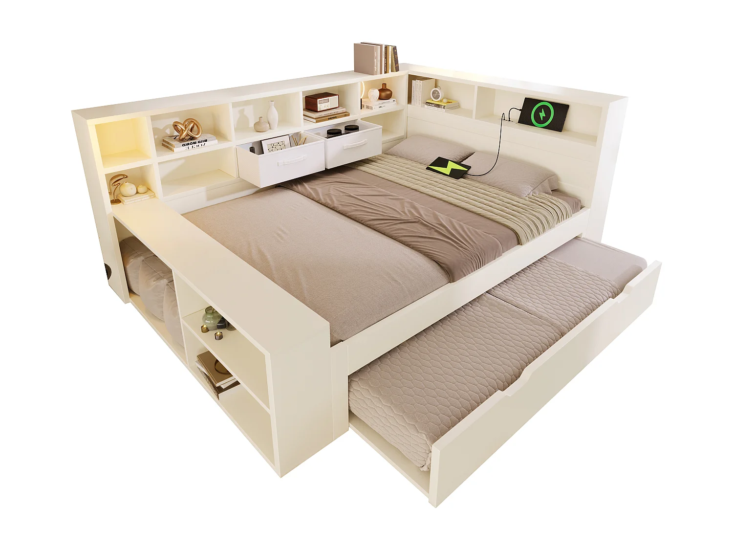 Canapé-lit 140x200cm - avec lit gigogne - avec USB/Type-C - avec espace de rangement - bois massif + panneaux de particules - blanc