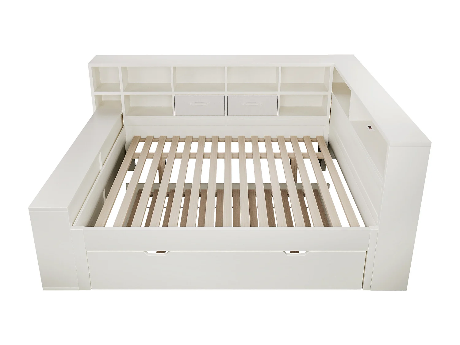 Canapé-lit 140x200cm - avec lit gigogne - avec USB/Type-C - avec espace de rangement - bois massif + panneaux de particules - blanc