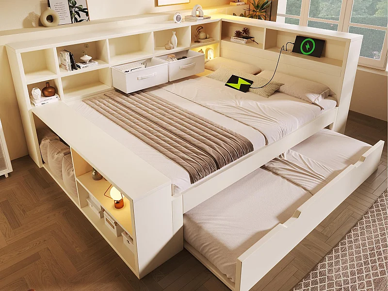 Canapé-lit 140x200cm - avec lit gigogne - avec USB/Type-C - avec espace de rangement - bois massif + panneaux de particules - blanc