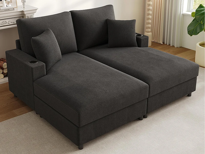 Joli canapé - Canapé rembourré - avec support pour téléphone + port USB - avec porte-gobelet - Velours côtelé - Gris