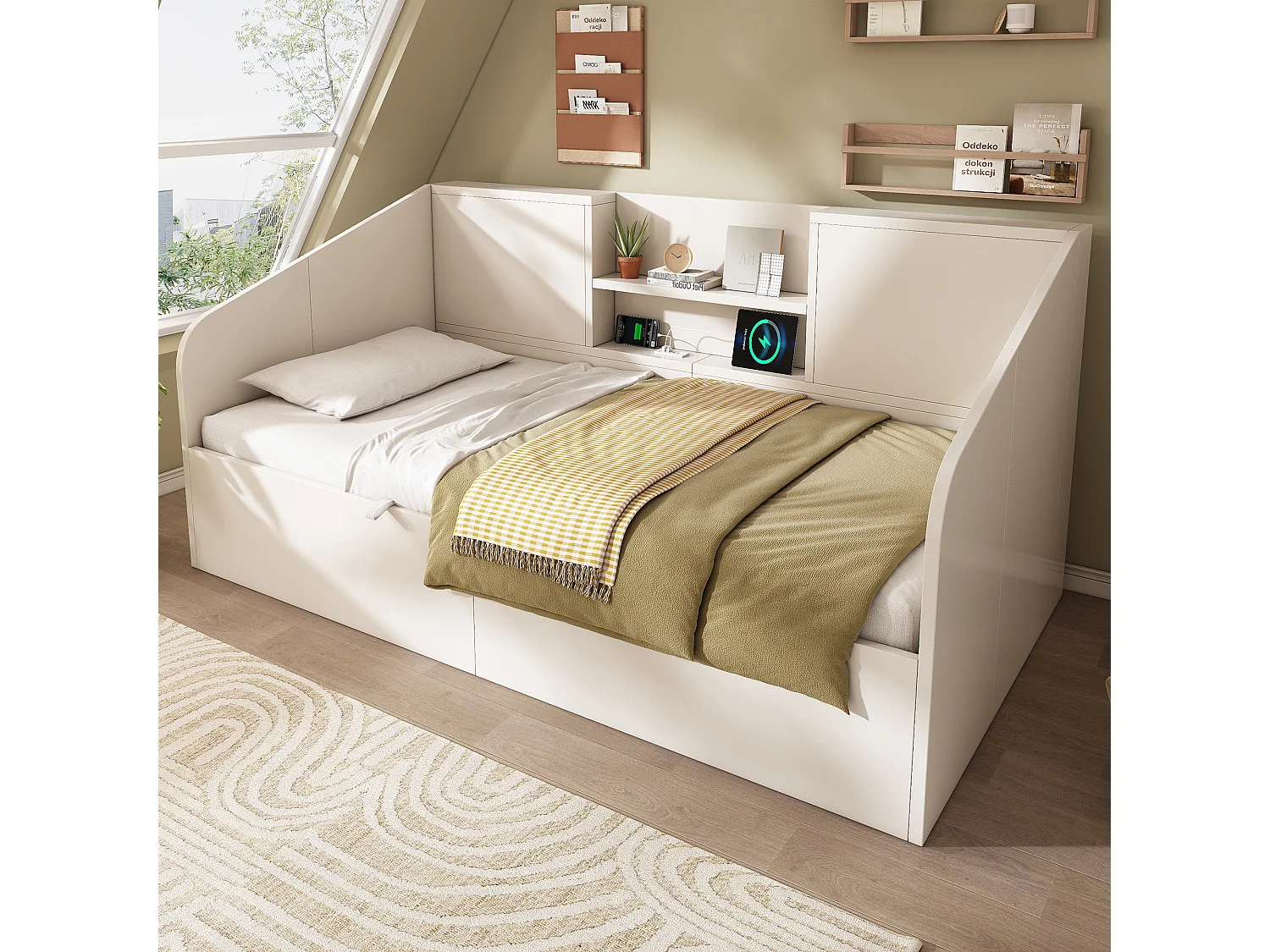 Canapé-lit coffre 90x190cm - avec USB/Type-C - avec 2 étagères - MDF + bois massif - blanc (matelas non inclus)