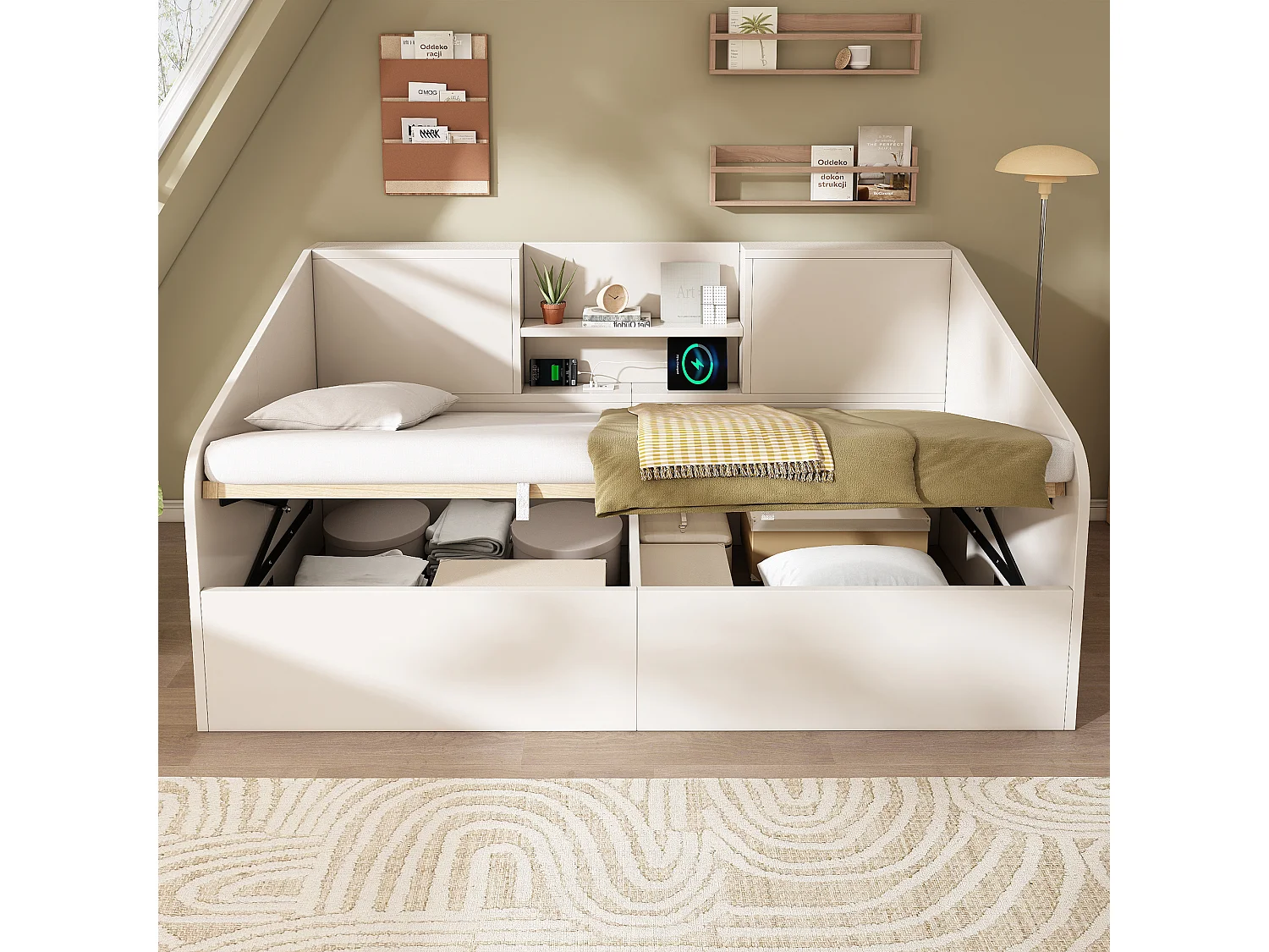 Canapé-lit coffre 90x190cm - avec USB/Type-C - avec 2 étagères - MDF + bois massif - blanc (matelas non inclus)