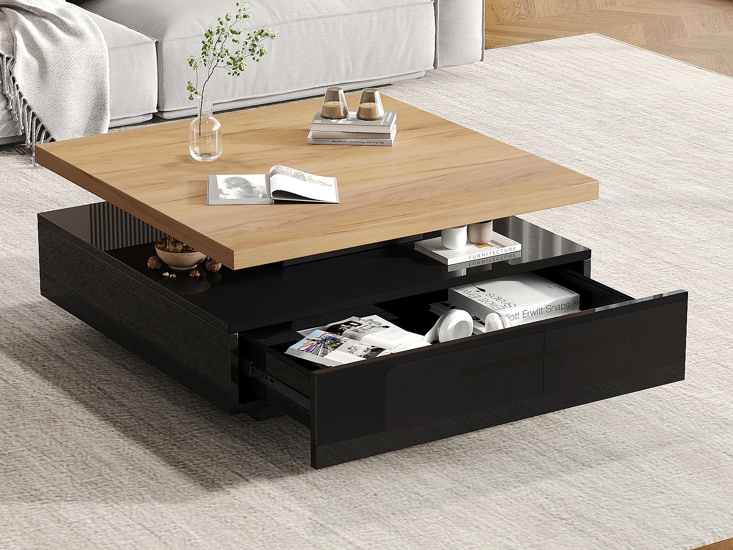 Tavolino da salotto quadrato rotante 360° - 70x70x36cm - 1 cassetto - Struttura a doppio strato - Nero + naturale