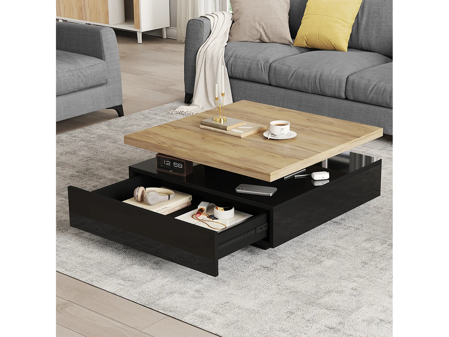 Tavolino da salotto quadrato rotante 360° - 70x70x36cm - 1 cassetto - Struttura a doppio strato - Nero + naturale